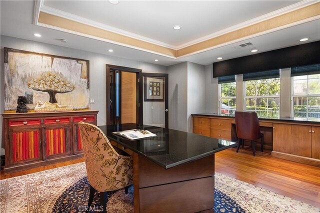 451 W Le Roy Ave, Arcadia, CA 91007 - office area with ornamental molding, light wood finished floors, plenty of natural light, a raised ceiling, and built in desk