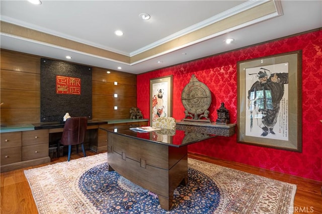 451 W Le Roy Ave, Arcadia, CA 91007 - office space featuring crown molding, wood finished floors, built in desk, recessed lighting, and wallpapered walls
