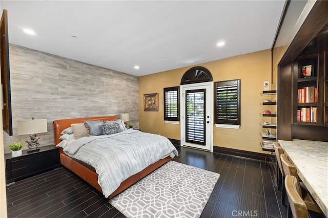 451 W Le Roy Ave, Arcadia, CA 91007 - bedroom featuring an accent wall, baseboards, access to exterior, dark wood-style floors, and recessed lighting