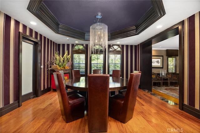 451 W Le Roy Ave, Arcadia, CA 91007 - dining space featuring crown molding, a chandelier, light wood-style flooring, wallpapered walls, and plenty of natural light