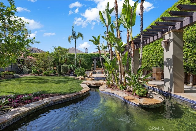 451 W Le Roy Ave, Arcadia, CA 91007 - view of property's community featuring a lawn, a pergola, a small pond, and a patio