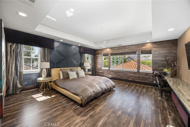 451 W Le Roy Ave, Arcadia, CA 91007 - bedroom with wallpapered walls, wood finished floors, multiple windows, a tray ceiling, and recessed lighting