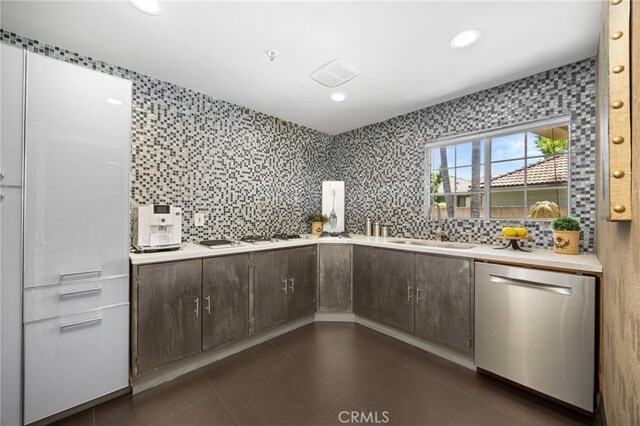 451 W Le Roy Ave, Arcadia, CA 91007 - kitchen with stainless steel dishwasher, a sink, light countertops, dark brown cabinetry, and recessed lighting