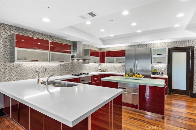 451 W Le Roy Ave, Arcadia, CA 91007 - kitchen with wall chimney range hood, a sink, appliances with stainless steel finishes, tasteful backsplash, and recessed lighting