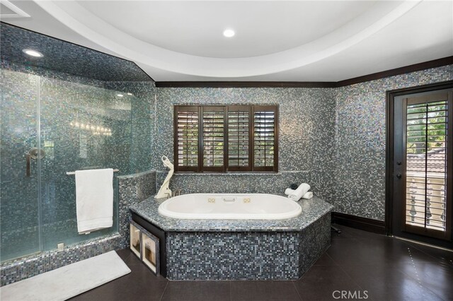 451 W Le Roy Ave, Arcadia, CA 91007 - full bath featuring a bath, tile patterned flooring, a stall shower, and recessed lighting