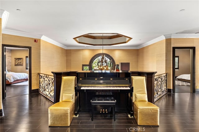 451 W Le Roy Ave, Arcadia, CA 91007 - detailed view of wood finished floors, a chandelier, crown molding, wallpapered walls, and a tray ceiling