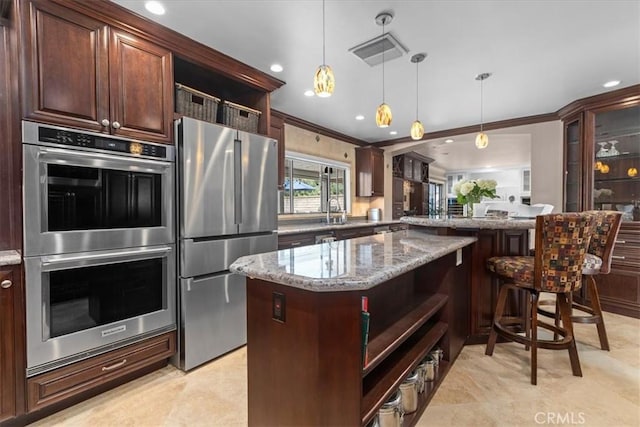 5131 Via Del Valle St, La Verne, CA 91750 - kitchen featuring appliances with stainless steel finishes, open shelves, crown molding, light stone counters, and decorative light fixtures
