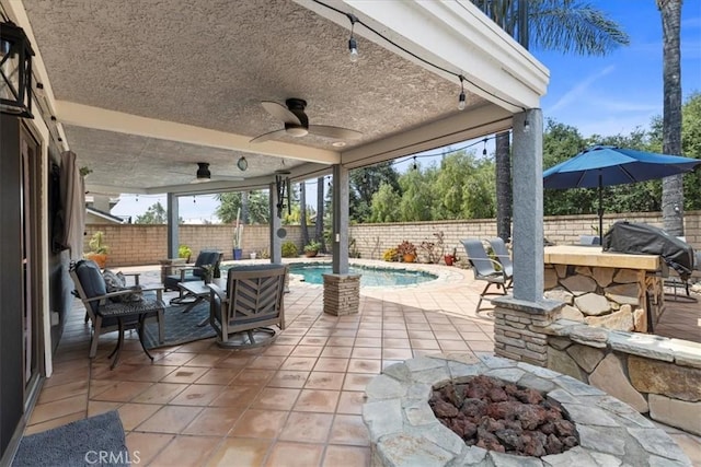 5131 Via Del Valle St, La Verne, CA 91750 - fenced backyard with a fire pit, a patio, and ceiling fan