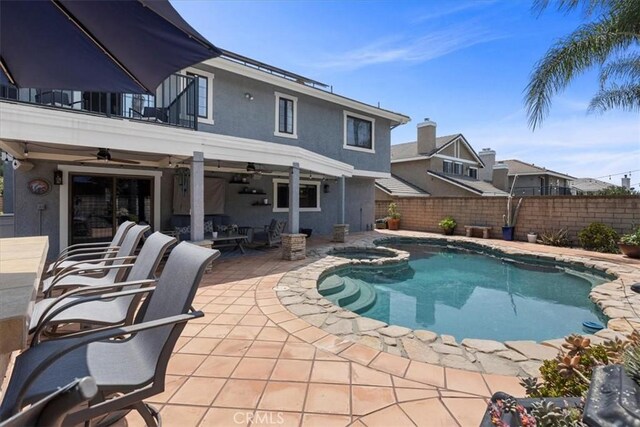 5131 Via Del Valle St, La Verne, CA 91750 - view of pool with ceiling fan, a fenced backyard, a patio area, and a pool with connected hot tub