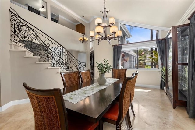 5131 Via Del Valle St, La Verne, CA 91750 - dining room featuring baseboards, a chandelier, stairway, and ornamental molding