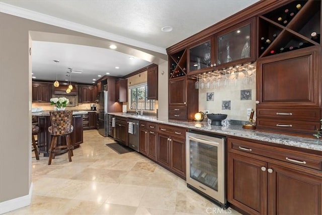 5131 Via Del Valle St, La Verne, CA 91750 - indoor dry bar featuring beverage cooler, stainless steel dishwasher, freestanding refrigerator, backsplash, and hanging light fixtures