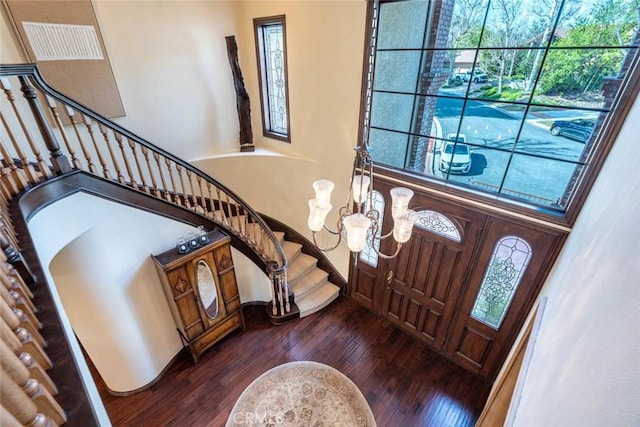 25578 Via Paladar, Valencia, CA 91355 - foyer entrance with stairway, dark wood-type flooring, a high ceiling, and a chandelier