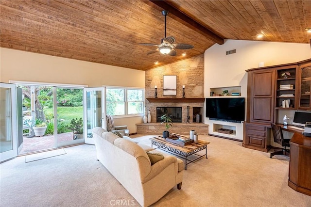 25578 Via Paladar, Valencia, CA 91355 - living area featuring a wood ceiling with exposed beams, light carpet, ceiling fan, an office area, and a fireplace