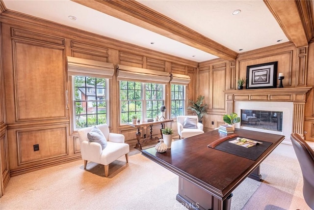 25578 Via Paladar, Valencia, CA 91355 - home office featuring a fireplace, a decorative wall, healthy amount of natural light, light carpet, and ornamental molding