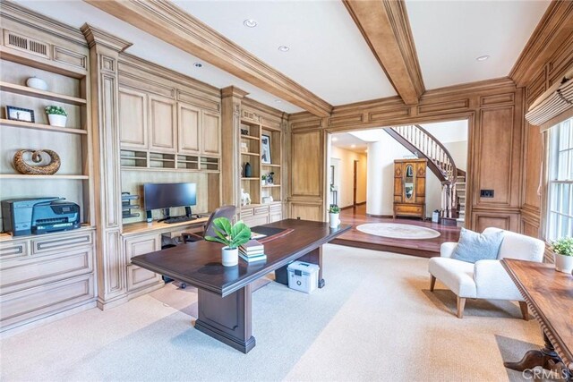25578 Via Paladar, Valencia, CA 91355 - home office with ornamental molding, light colored carpet, beamed ceiling, built in shelves, and built in desk