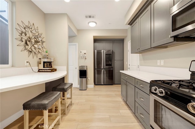 7021 Passons Blvd, Pico Rivera, CA 90660 - kitchen with stainless steel appliances, gray cabinets, light wood-style floors, a breakfast bar area, and light countertops