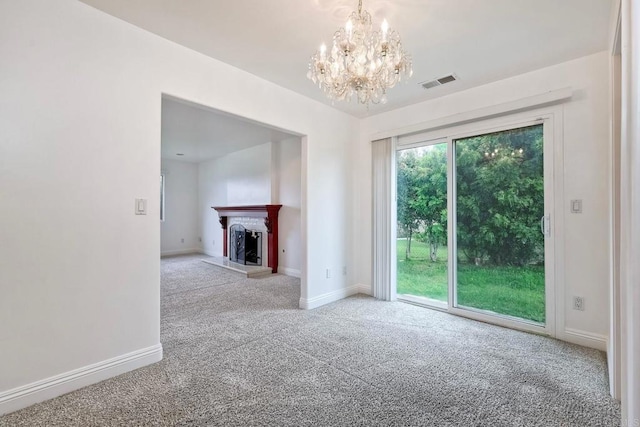 1160 Via Trieste, Chula Vista, CA 91911 - unfurnished living room featuring carpet flooring, a chandelier, and a fireplace with raised hearth