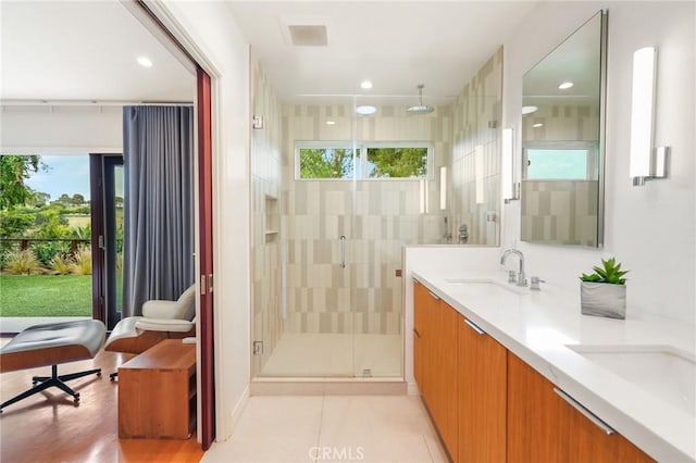 27642 Avenida Del Mesa, Rancho Palos Verdes, CA 90275 - full bath with plenty of natural light, a stall shower, double vanity, recessed lighting, and tile patterned flooring