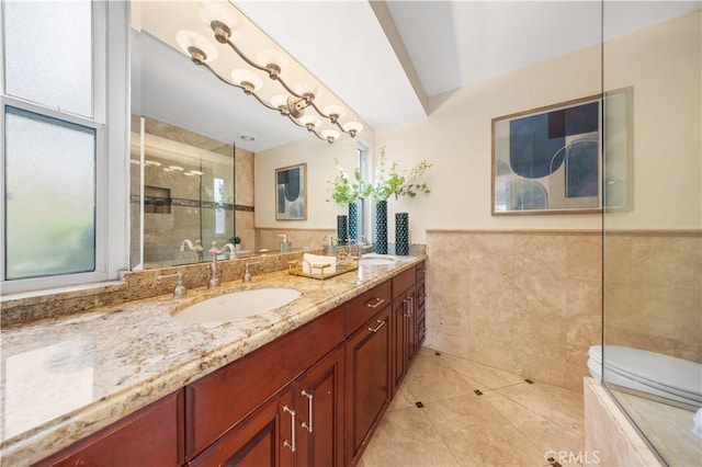 12 Rockrose Way, Irvine, CA 92612 - full bathroom featuring double vanity, tiled shower, a relaxing tiled tub, tile patterned flooring, and tile walls