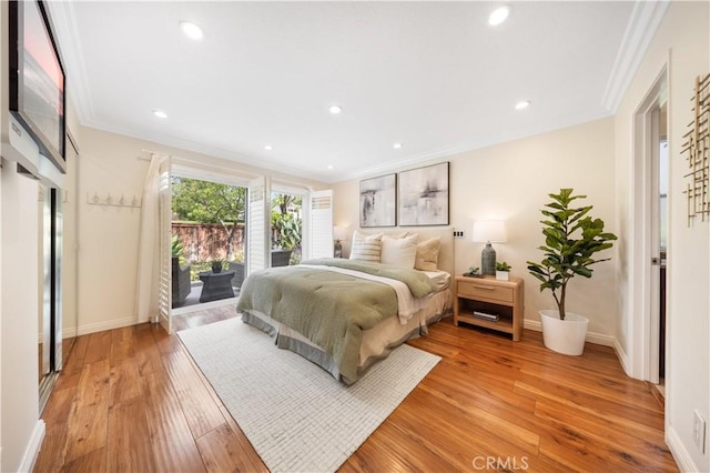 12 Rockrose Way, Irvine, CA 92612 - bedroom with access to exterior, crown molding, light wood-style flooring, baseboards, and recessed lighting