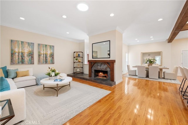 12 Rockrose Way, Irvine, CA 92612 - living room featuring crown molding, light wood finished floors, a high end fireplace, and recessed lighting