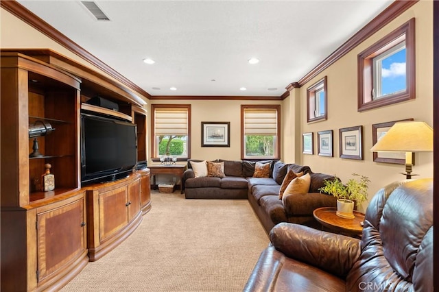18912 Rockinghorse Ln, Huntington Beach, CA 92648 - living area with ornamental molding, light carpet, and recessed lighting