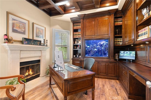 18912 Rockinghorse Ln, Huntington Beach, CA 92648 - office with coffered ceiling, light wood-style floors, beamed ceiling, a fireplace, and ornamental molding