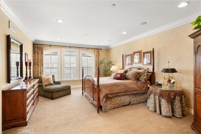 18912 Rockinghorse Ln, Huntington Beach, CA 92648 - bedroom featuring light carpet, crown molding, baseboards, and recessed lighting