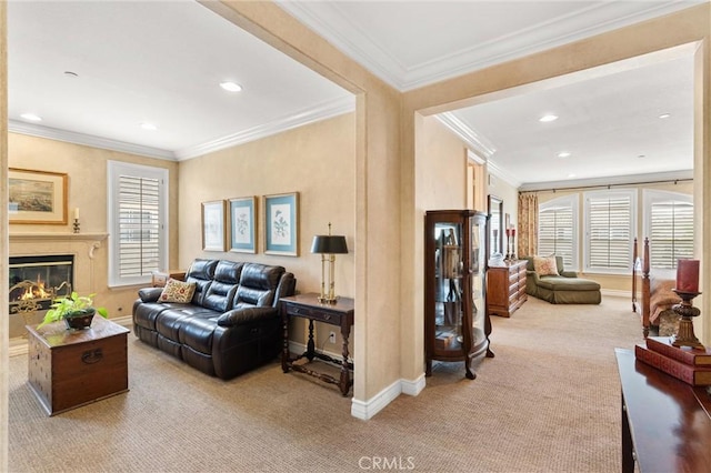 18912 Rockinghorse Ln, Huntington Beach, CA 92648 - carpeted living room featuring baseboards, a premium fireplace, crown molding, and recessed lighting