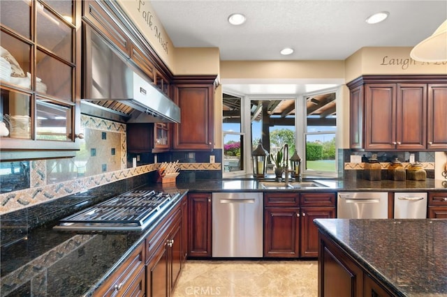 18912 Rockinghorse Ln, Huntington Beach, CA 92648 - kitchen featuring ventilation hood, stainless steel appliances, decorative backsplash, dark stone countertops, and a sink