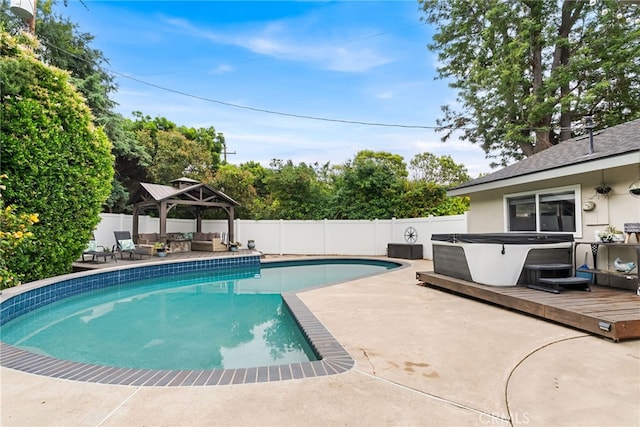 1161 Ravencrest Rd, North Tustin, CA 92705 - view of pool featuring a gazebo, a hot tub, a fenced backyard, a patio area, and an outdoor living space