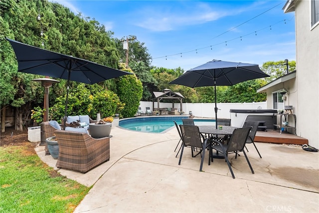 1161 Ravencrest Rd, North Tustin, CA 92705 - view of pool featuring a hot tub, a patio, a fenced backyard, outdoor dining area, and an outdoor hangout area