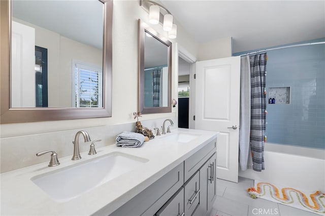 1161 Ravencrest Rd, North Tustin, CA 92705 - full bath featuring double vanity, shower / bath combo with shower curtain, and tile patterned flooring