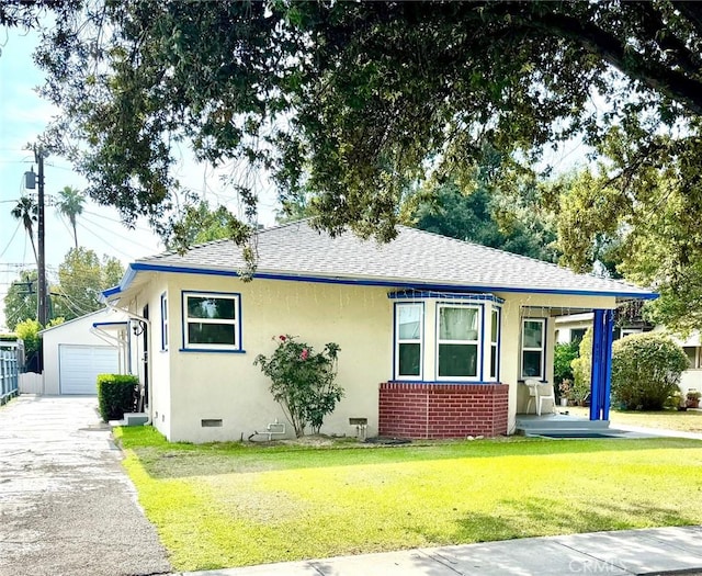 823 N Santa Anita Ave N, Arcadia, CA 91006 - bungalow-style home with crawl space, an outbuilding, a front lawn, a shingled roof, and a garage