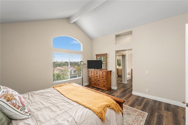 24952 Eaton Ln, Laguna Niguel, CA 92677 - bedroom with beamed ceiling, wood finished floors, high vaulted ceiling, and connected bathroom