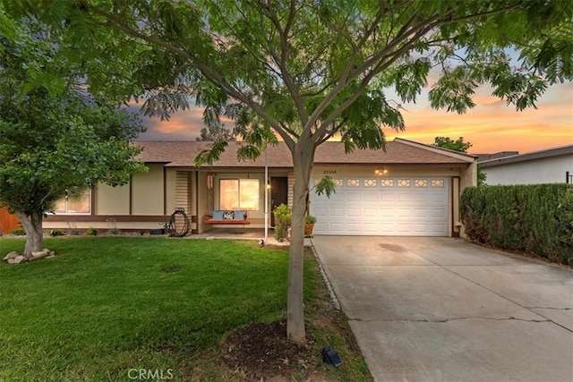 22554 Pico St, Grand Terrace, CA 92313 - ranch-style house with an attached garage, driveway, a yard, and roof with shingles
