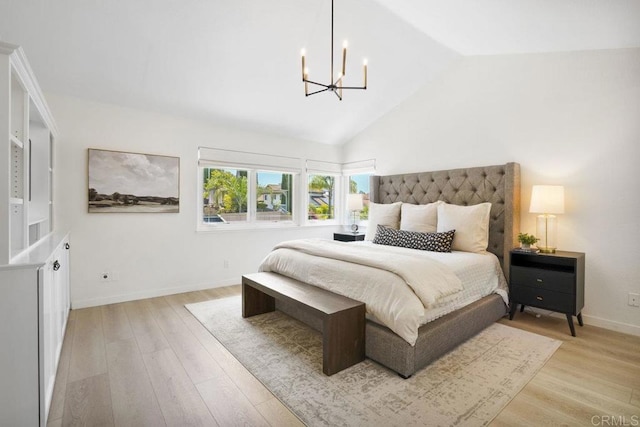 5233 Belardo Dr, San Diego, CA 92124 - bedroom featuring a chandelier, light wood-style floors, and high vaulted ceiling