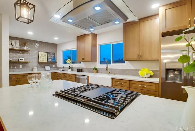 3776 Enero Ct, San Diego, CA 92154 - kitchen featuring appliances with stainless steel finishes, range hood, open shelves, backsplash, and recessed lighting