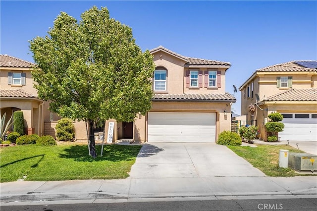2641 Senna Ln, Palmdale, CA 93551 - mediterranean / spanish-style house with concrete driveway, stucco siding, a garage, a front yard, and a tiled roof