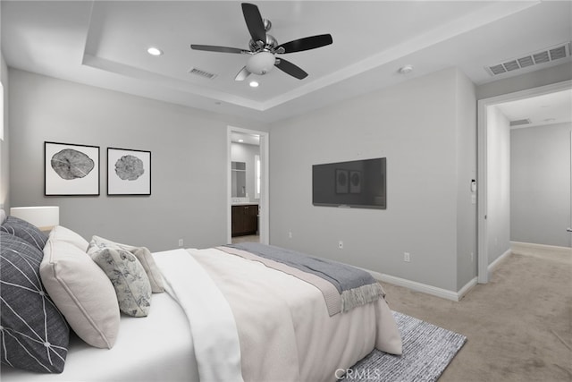 20748 Beech Cir, Porter Ranch, CA 91311 - bedroom featuring light carpet, recessed lighting, baseboards, connected bathroom, and a ceiling fan