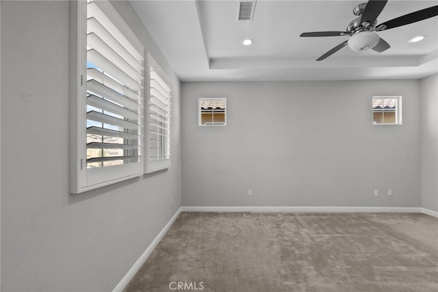 20748 Beech Cir, Porter Ranch, CA 91311 - carpeted spare room featuring a raised ceiling, baseboards, ceiling fan, and recessed lighting