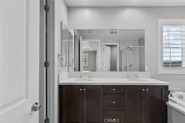 20748 Beech Cir, Porter Ranch, CA 91311 - full bath featuring a shower stall, double vanity, and a bath