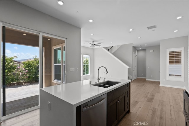 20748 Beech Cir, Porter Ranch, CA 91311 - kitchen featuring dishwasher, a sink, a ceiling fan, recessed lighting, and light wood finished floors