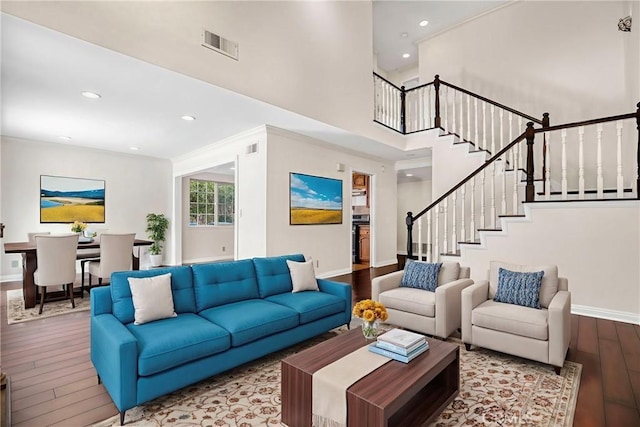 19554 Crystal Ridge Ln, Porter Ranch, CA 91326 - living room featuring hardwood / wood-style floors, stairway, baseboards, recessed lighting, and a high ceiling