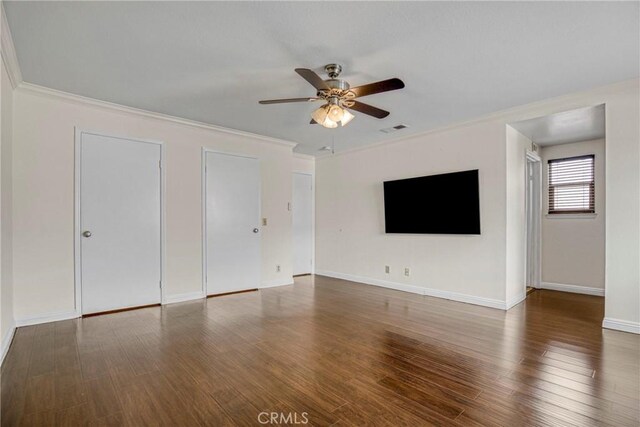 19554 Crystal Ridge Ln, Porter Ranch, CA 91326 - unfurnished living room with a ceiling fan, ornamental molding, wood finished floors, and baseboards
