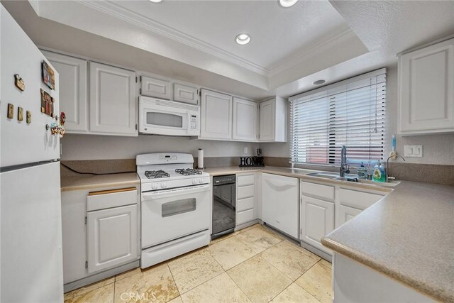 230 Bethany Rd Unit 127, Burbank, CA 91504 - kitchen with white appliances, crown molding, a sink, recessed lighting, and a raised ceiling