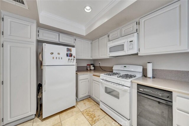 230 Bethany Rd Unit 127, Burbank, CA 91504 - kitchen with white appliances, crown molding, a tray ceiling, light countertops, and recessed lighting