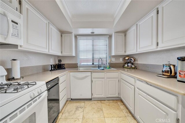 230 Bethany Rd Unit 127, Burbank, CA 91504 - kitchen featuring white appliances, a sink, crown molding, and white cabinets