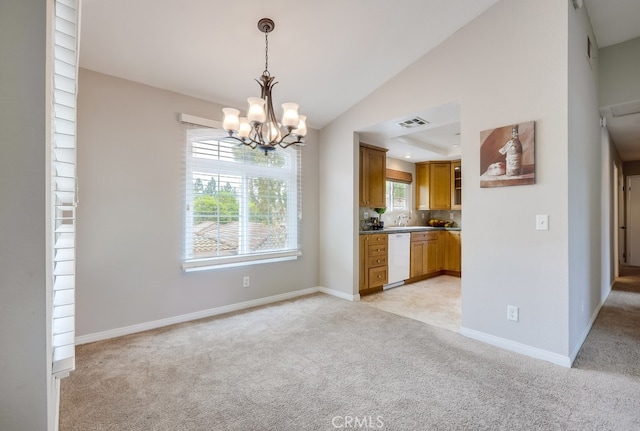 253 Gallery Way, Tustin, CA 92782 - unfurnished dining area with light colored carpet, a chandelier, lofted ceiling, and baseboards