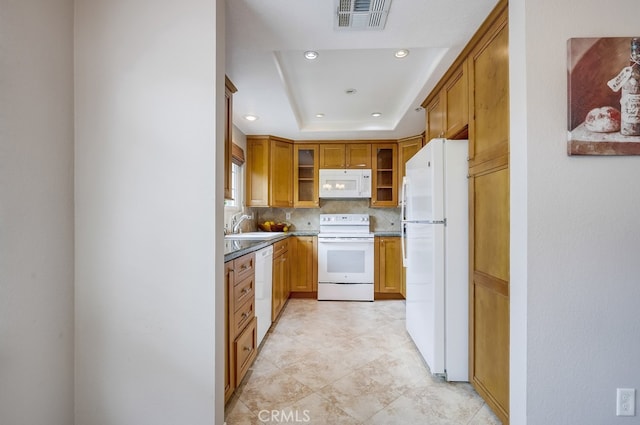 253 Gallery Way, Tustin, CA 92782 - kitchen with white appliances, backsplash, brown cabinetry, glass insert cabinets, and recessed lighting
